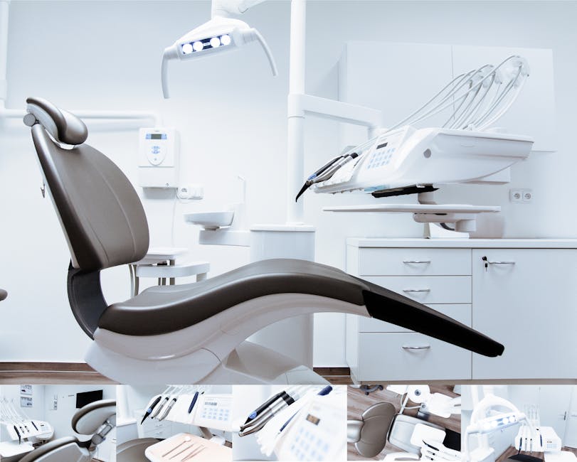 A modern dental clinic interior showcasing a dental chair and equipment in a clean, clinical setting.